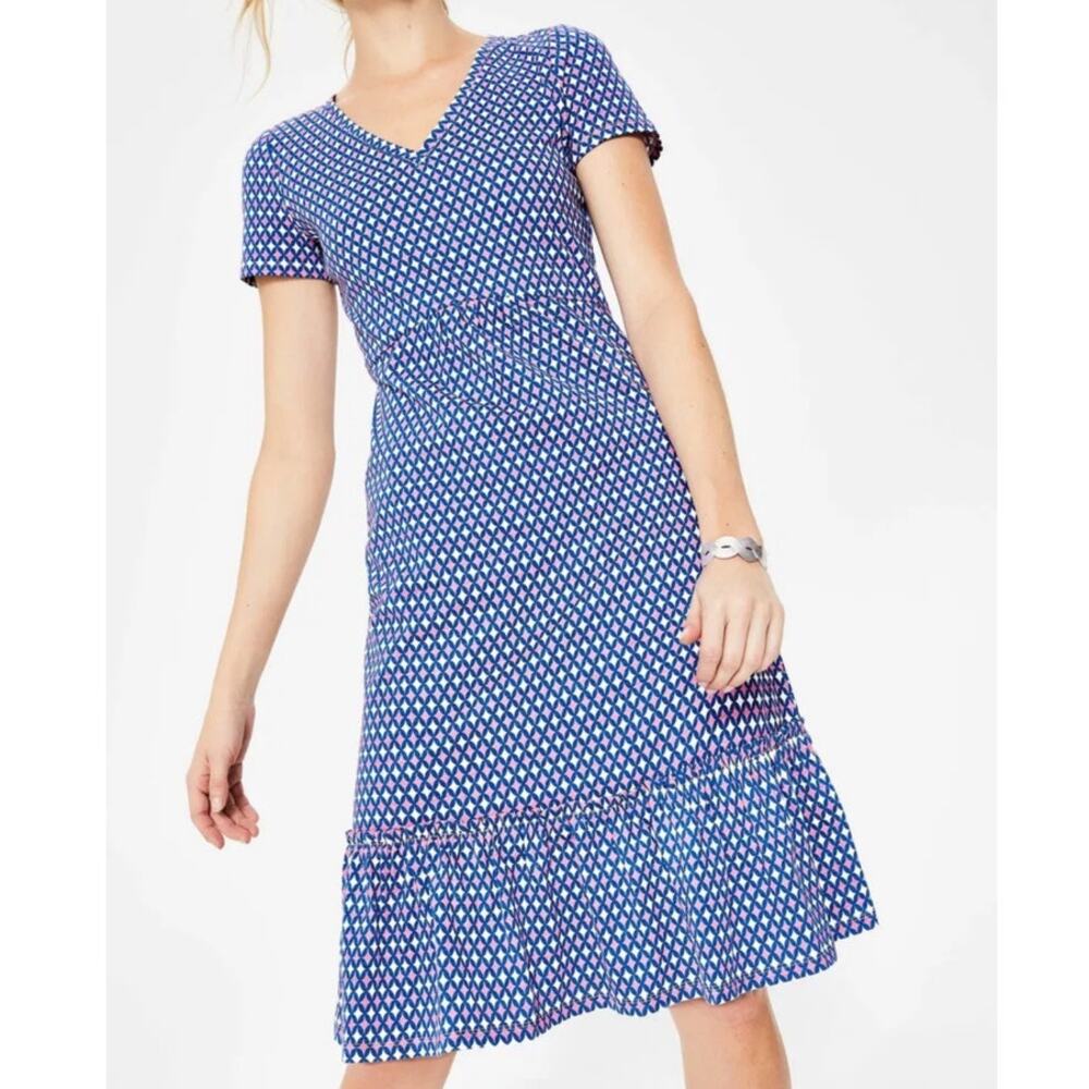 Boden Short Sleeve Melissa Jersey Dress Women 8R Blue Pink V Neck Cotton Ruffle